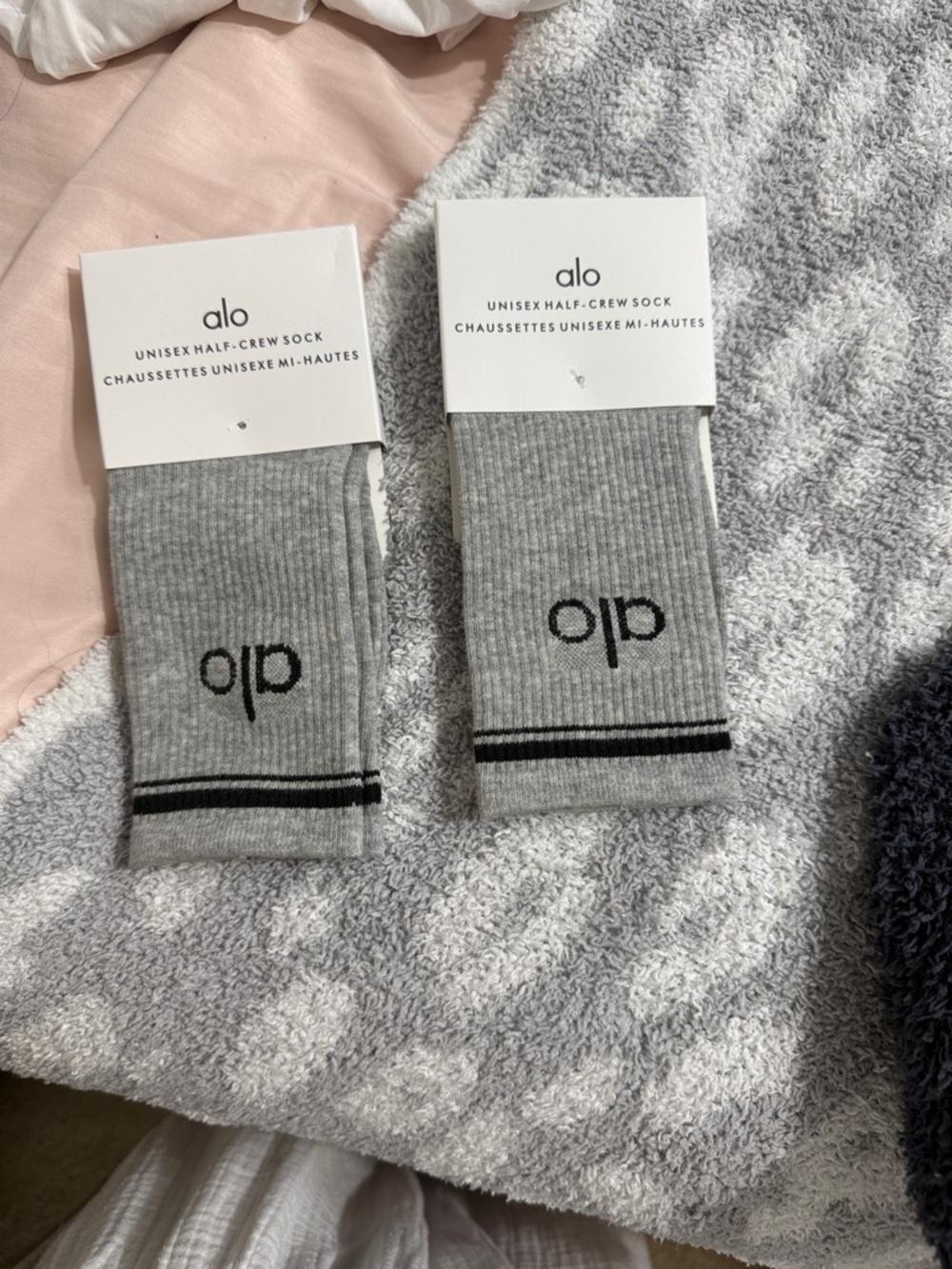 ALO Yoga Grey Ribbed Crew Socks with Black Logo and Stripes